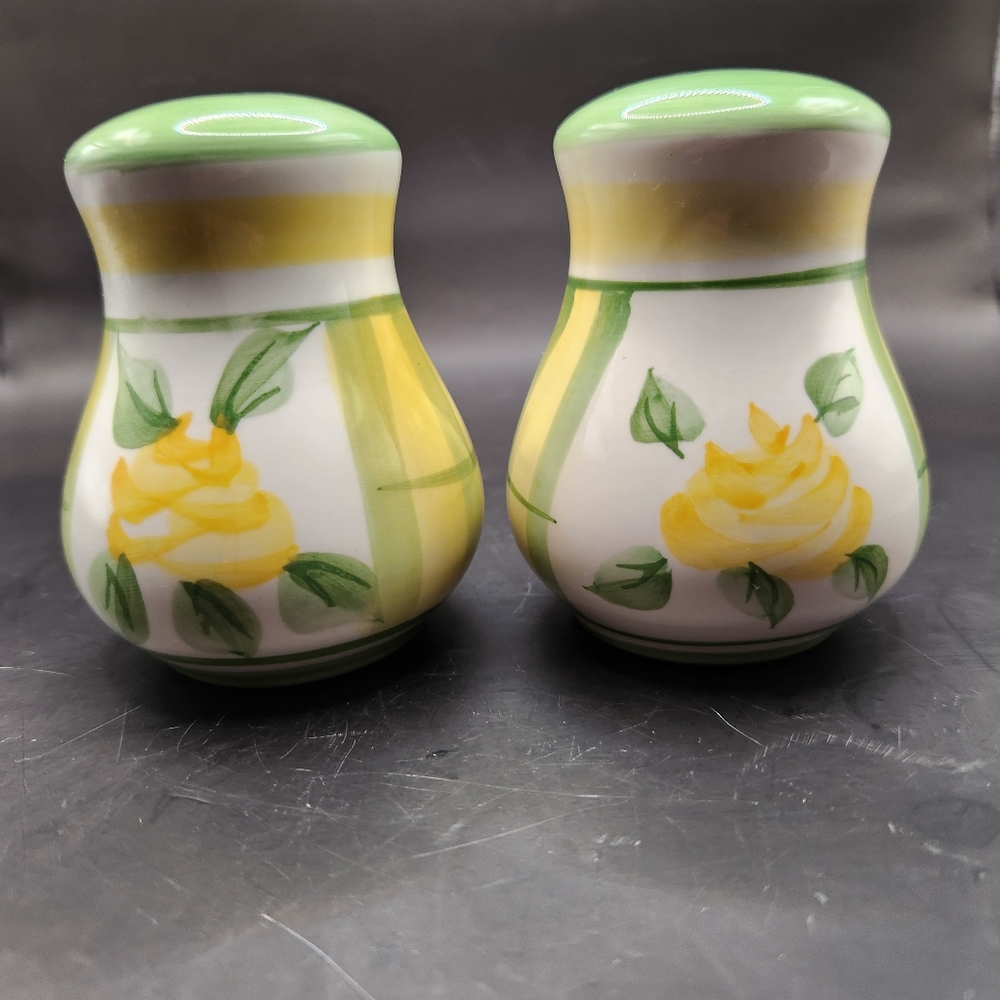 Vintage Royal Norfolk Yellow Rose Green White Salt & Pepper Shakers